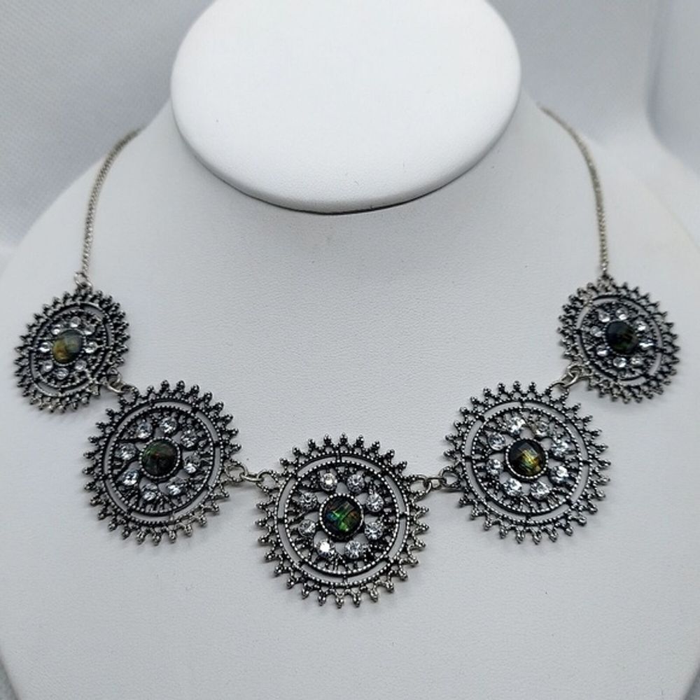 Silver tone faux abalone rhinestone necklace